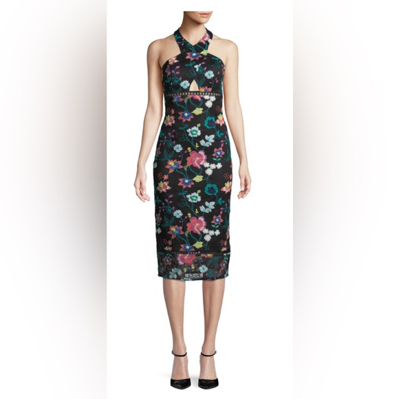 Adrian Maddox floral embroidered lace halter neck line cocktail dress - Picture 1 of 12